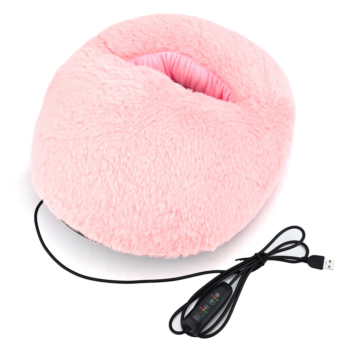 Pink heated pillow with USB cable on a white background