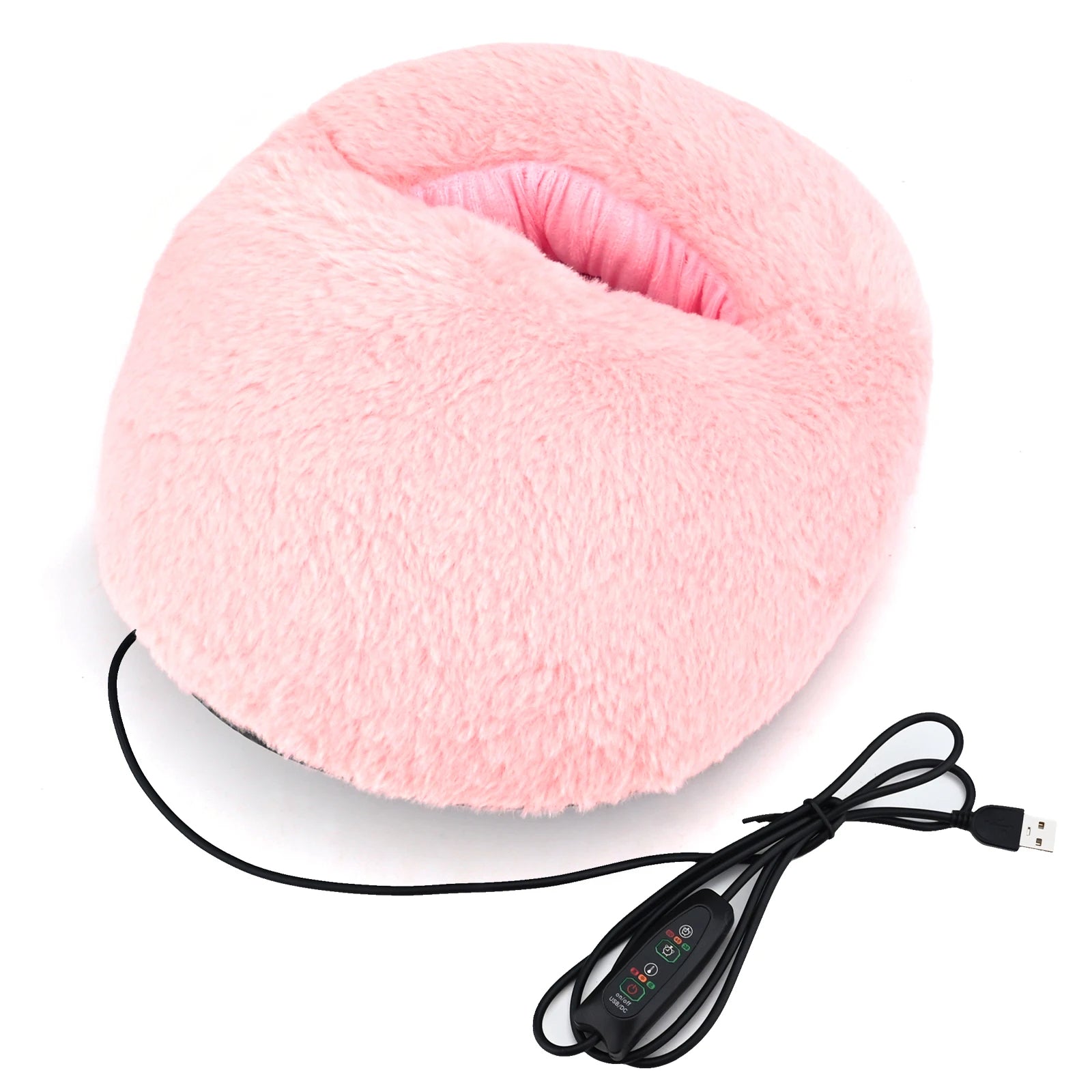 Pink heated pillow with USB cable on a white background