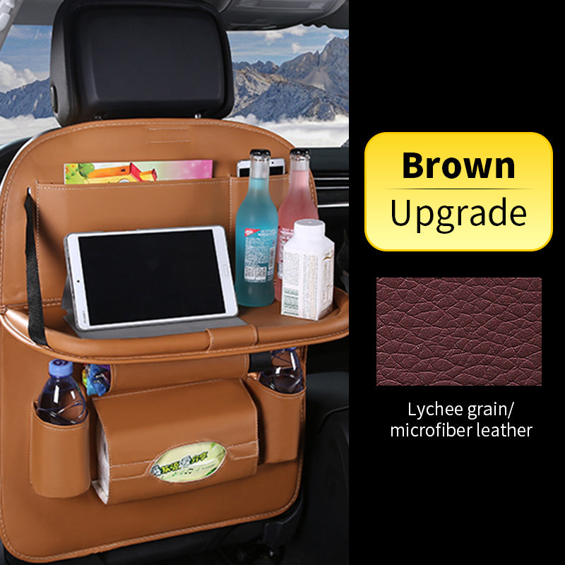 Car backseat organizer with tablet, drinks, and snacks with brown upgrade label.