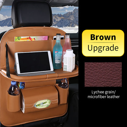 Car backseat organizer with tablet, drinks, and snacks with brown upgrade label.