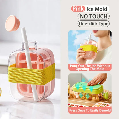 Pink ice mold with yellow band and straw on a white surface, with text describing its features.
