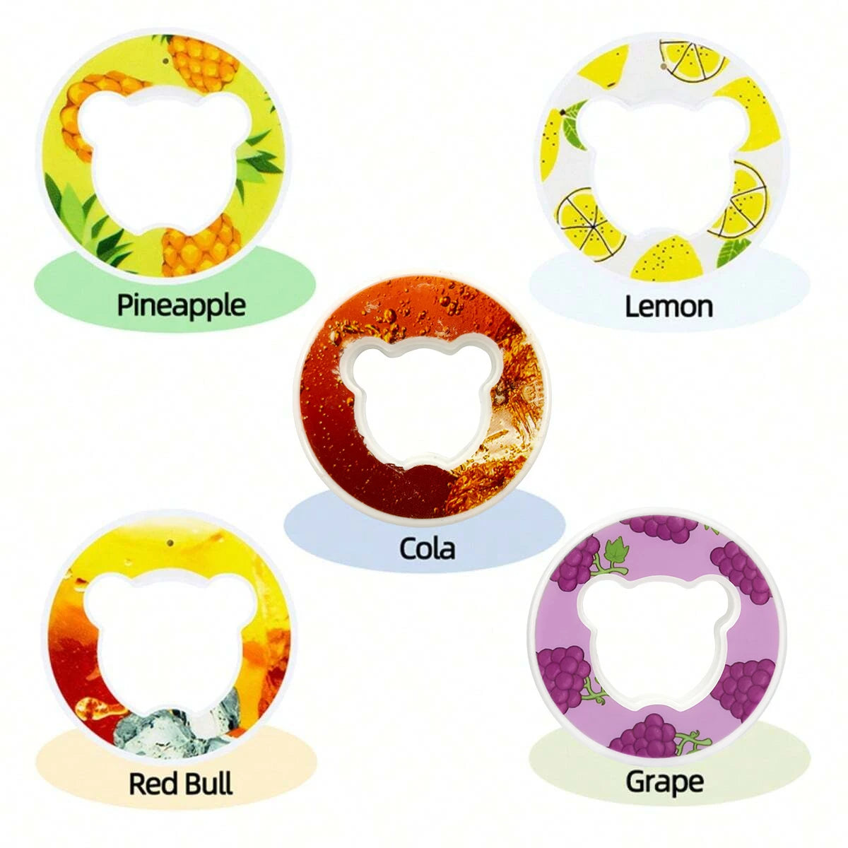 Five BEAR bottle pods with different fruit flavors on a white background