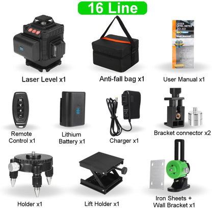 Collection of laser level and accessories with product names on a white background