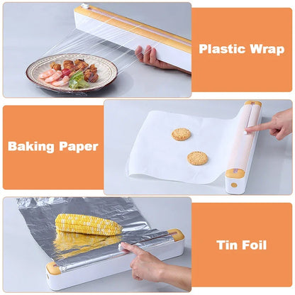 Roll of plastic wrap, baking paper, and tin foil with text labels on a gray background.