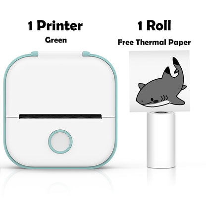 Small printer with a roll of thermal paper featuring a shark design on a white background.