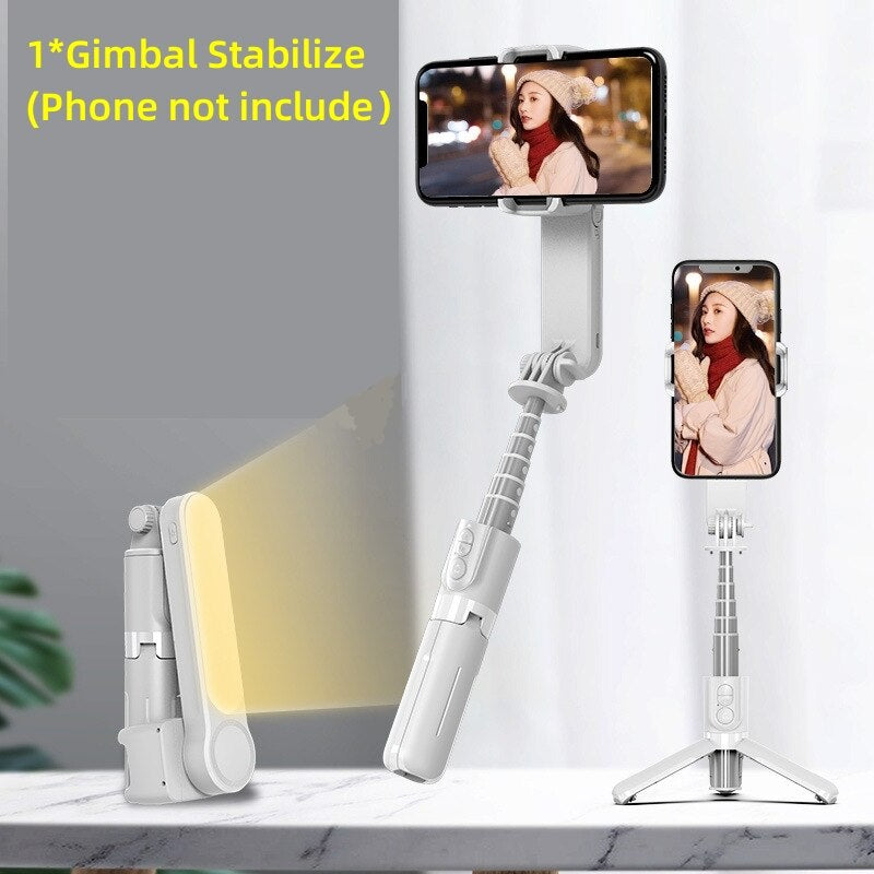 White gimbal stabilizer with two smartphone screens displaying a person wearing a hat.