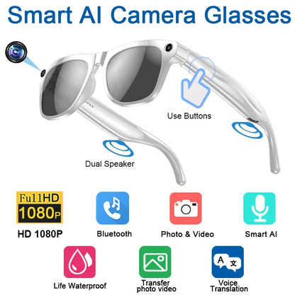 Smart AI Camera Glasses with features highlighted on a white background