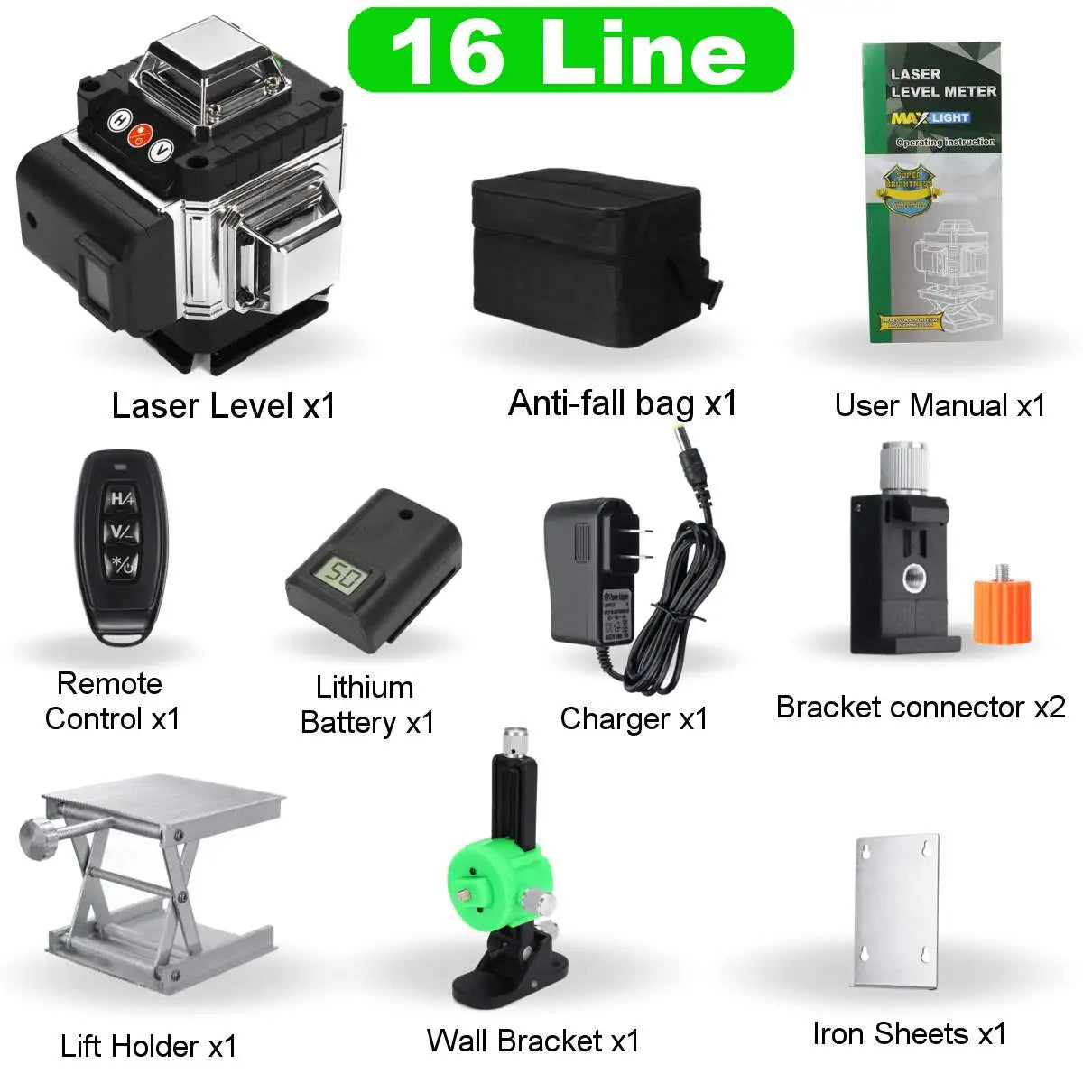 Collection of laser level and accessories with labels on a white background