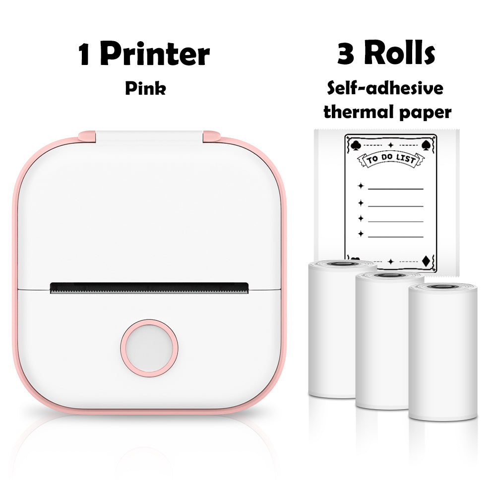 Pink printer with three rolls of self-adhesive thermal paper on a white background