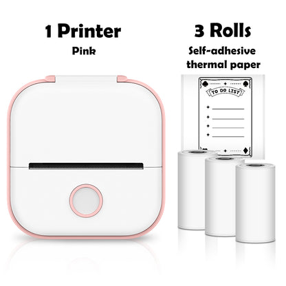 Pink printer with three rolls of self-adhesive thermal paper on a white background