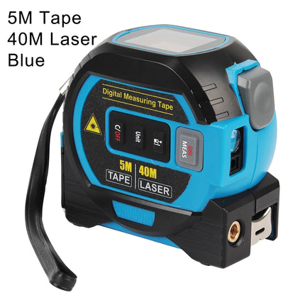 Blue Digital measuring tape with laser feature on a white background; 5m Tape, 40m Laser.