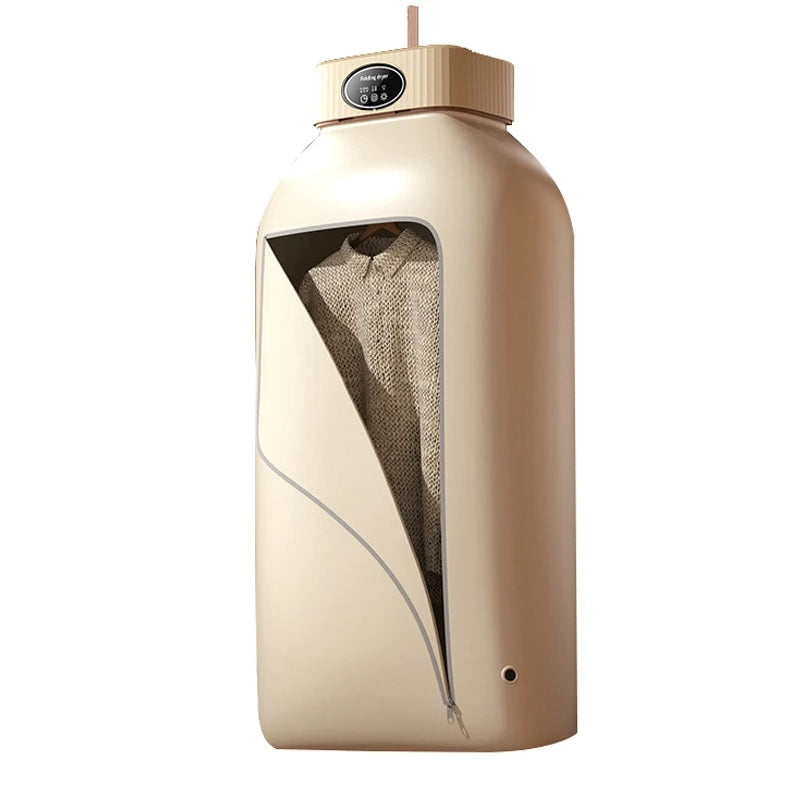 Beige garment steamer with a shirt inside on a white background