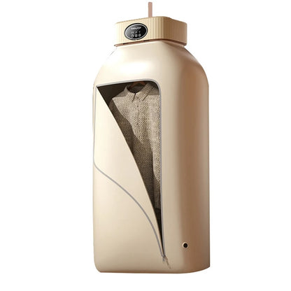 Beige garment steamer with a shirt inside on a white background