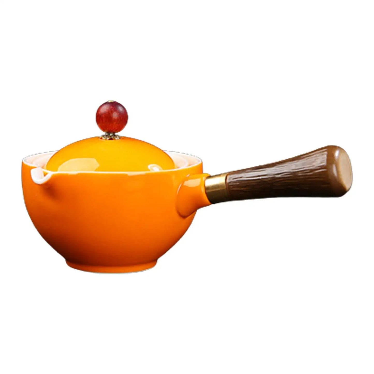 Orange ceramic pot with a wooden handle on a white background