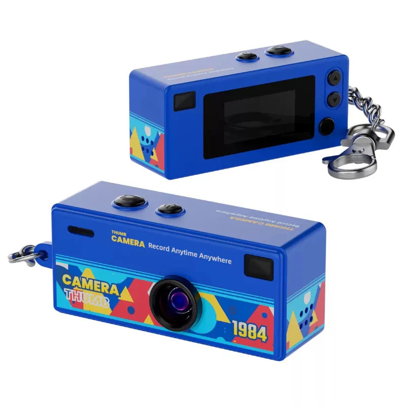 Two blue cameras with colorful designs on a white background