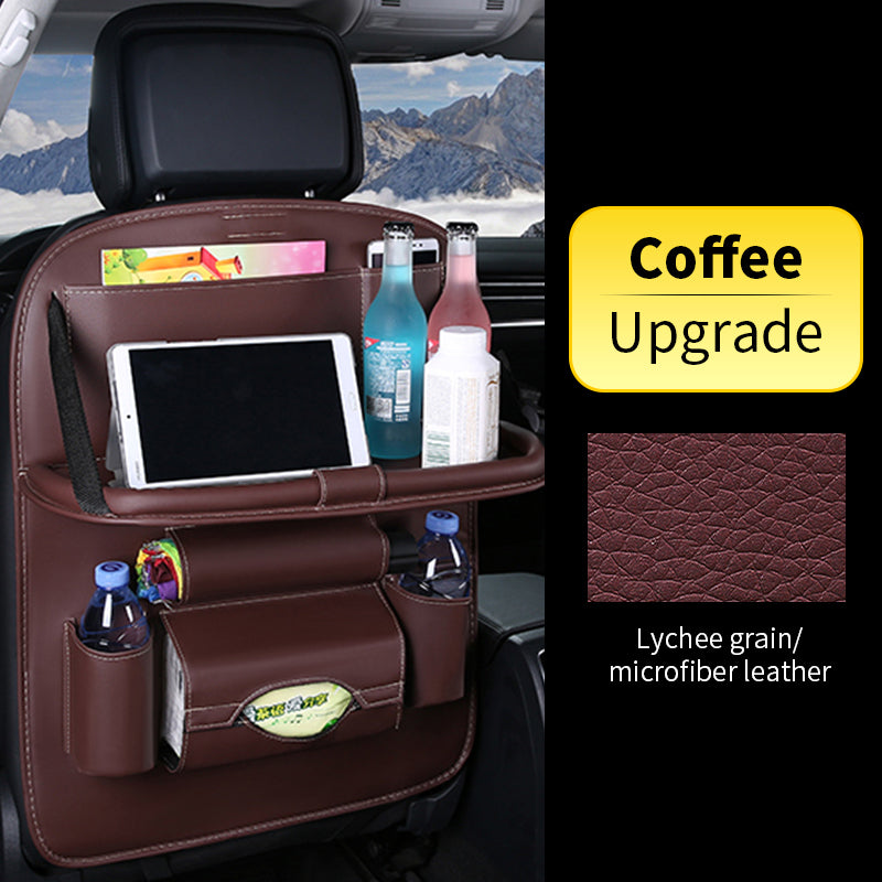 Car backseat organizer with drink holders and tablet stand, featuring lychee grain/microfiber leather.