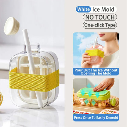 Ice mold with yellow band and straw, featuring text about 'NO TOUCH' operation.