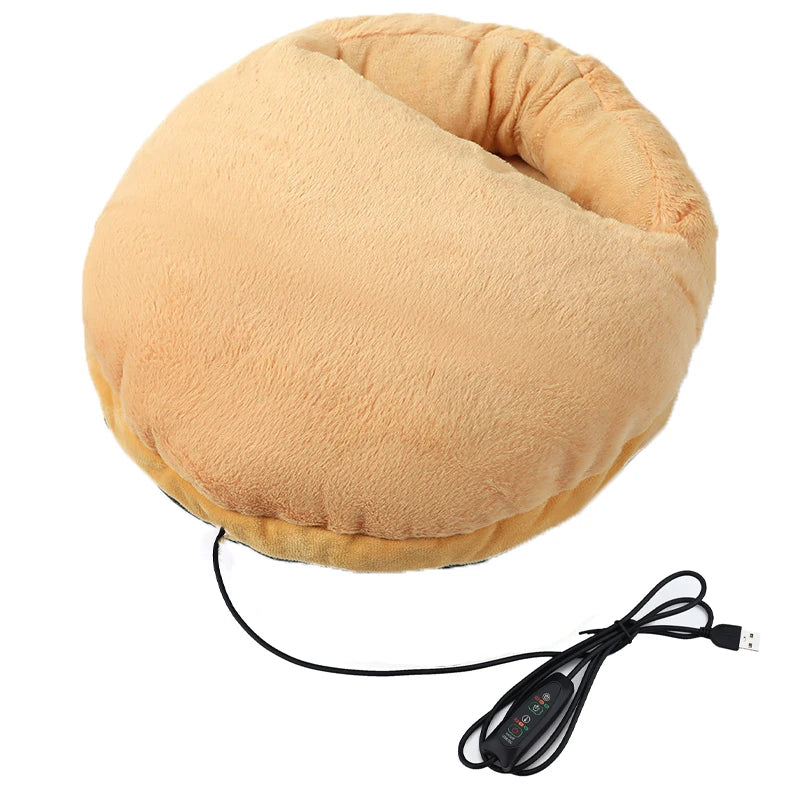 Beige neck pillow with USB cable on a white background