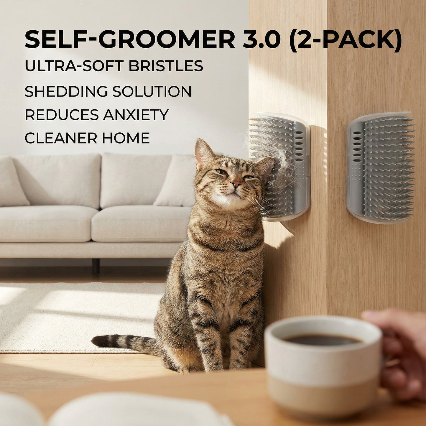 Cat using a self-groomer with text highlighting features, sitting next to a person holding a cup of coffee.