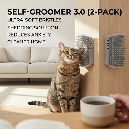 Cat using a self-groomer with text highlighting features, sitting next to a person holding a cup of coffee.