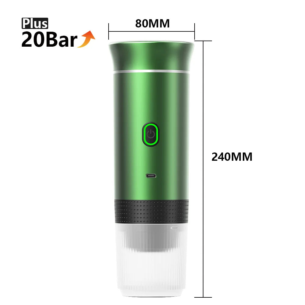 Green and white device with dimensions labeled, featuring the 'Plus 20Bar' logo.
