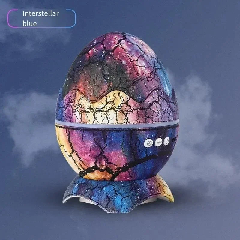 Colorful cracked egg-shaped device with 'Interstellar blue' label on a dark background