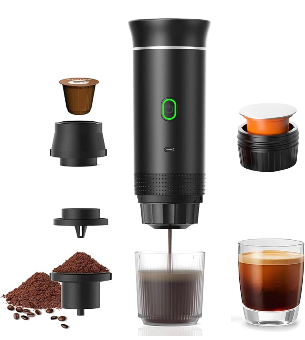Black portable coffee maker with components and a glass of coffee on a white background