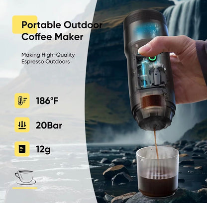 Portable outdoor coffee maker being used to make espresso, with text detailing its features.