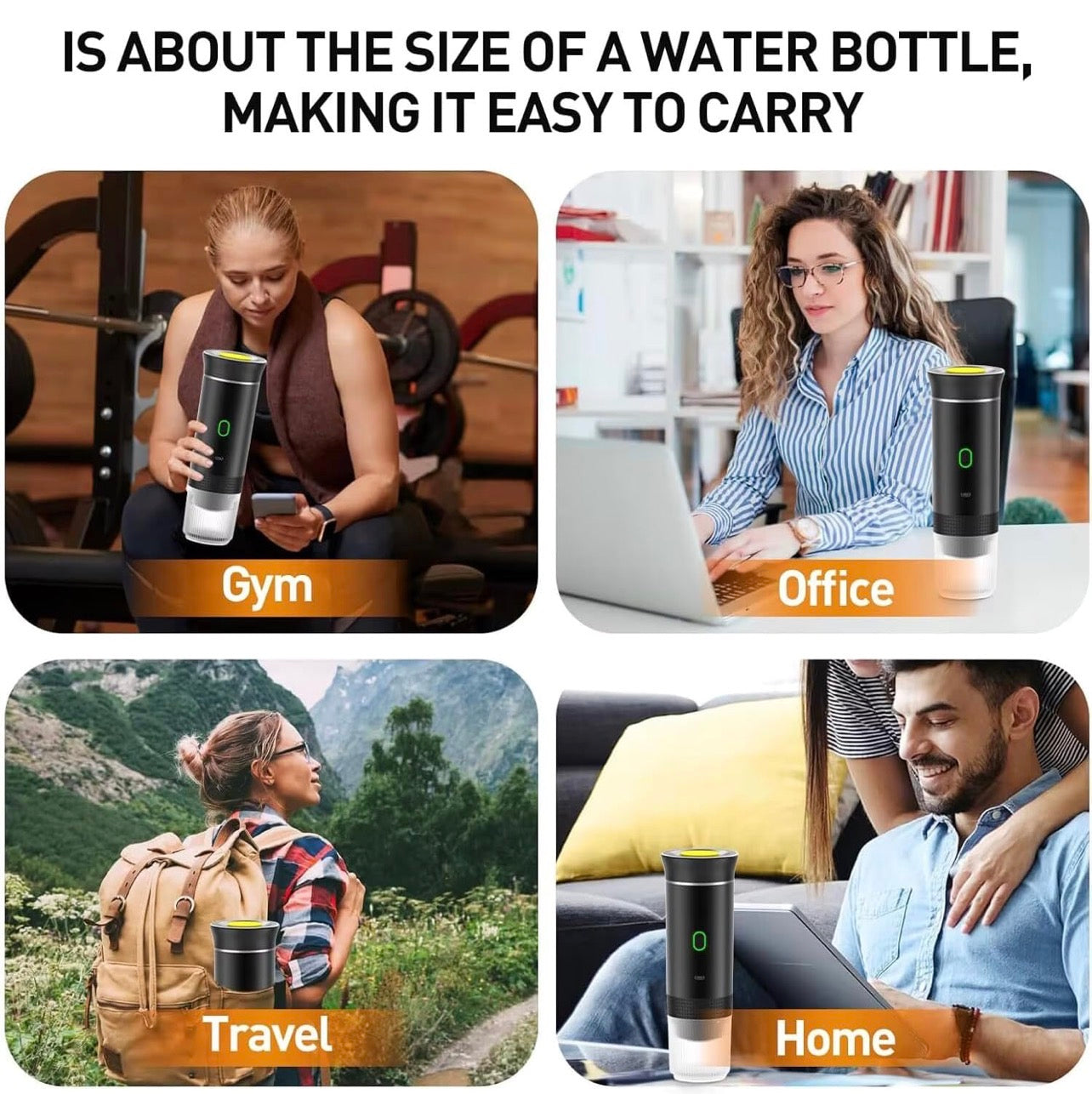 Collage of people using a product in various settings with text about its size and portability.