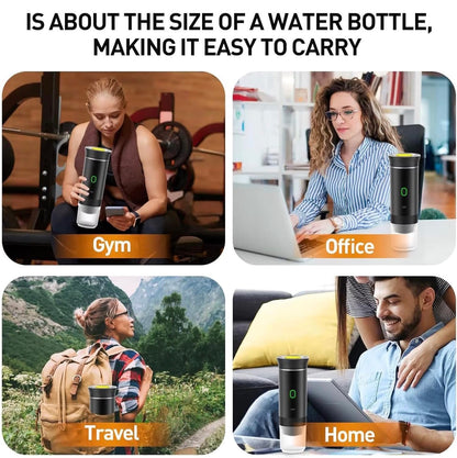 Collage of people using a product in various settings with text about its size and portability.
