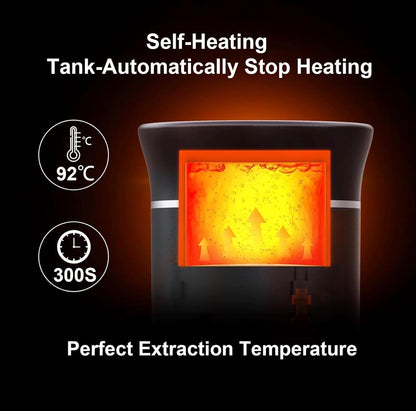 Self-heating tank with glowing interior, temperature and time indicators on a black background.