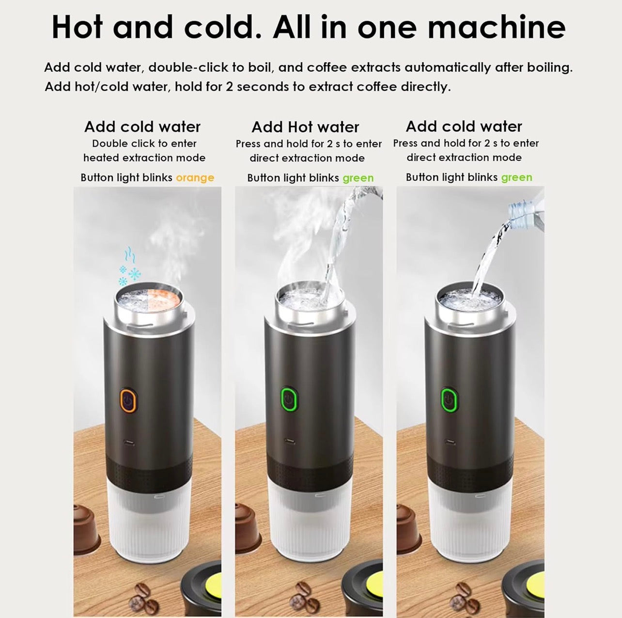 Multifunctional coffee machine with different water temperature modes on a wooden surface.