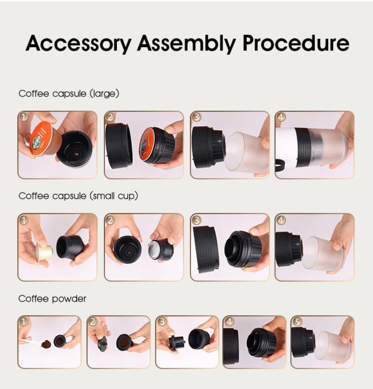 Step-by-step guide to assembling coffee accessories with text 'Accessory Assembly Procedure'.