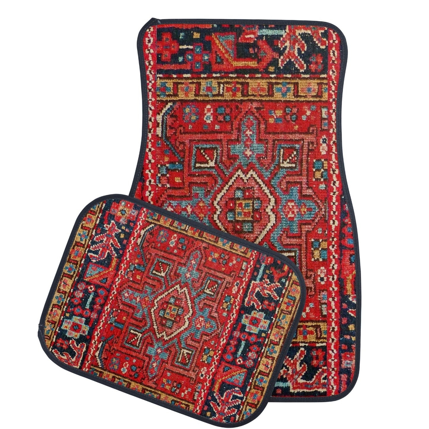 Two patterned car floor mats with intricate designs on a white background