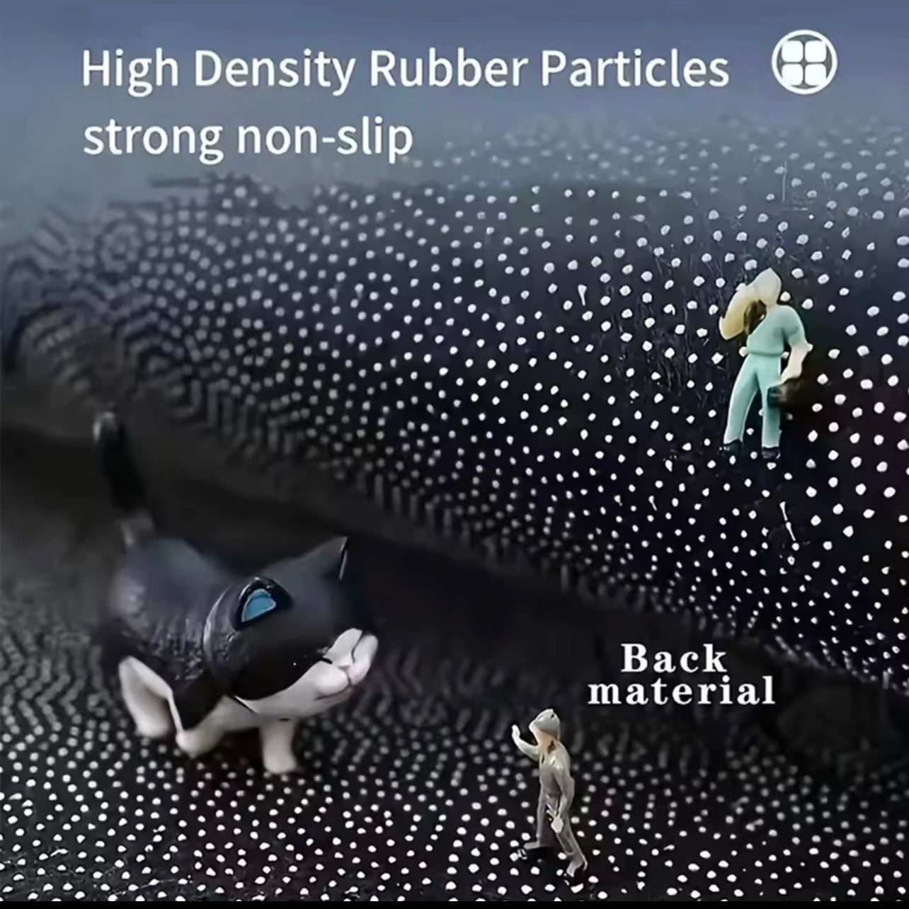 Close-up of a textured surface with high-density rubber particles and small figures interacting with it.