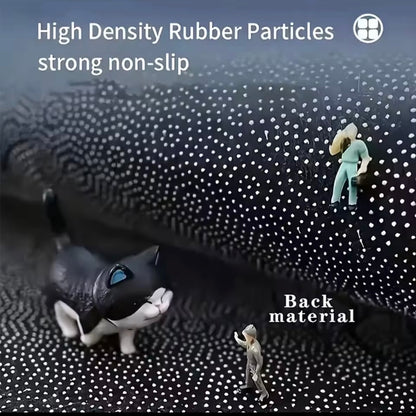 Close-up of a textured surface with high-density rubber particles and small figures interacting with it.