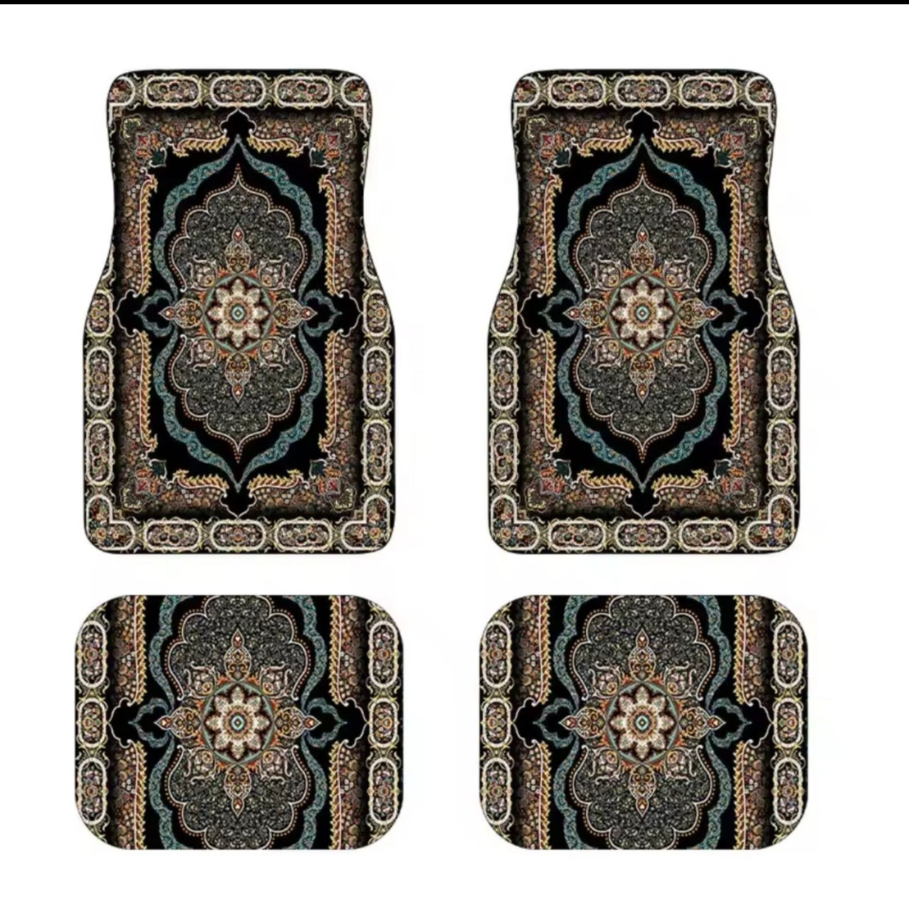 Set of four patterned car floor mats on a white background