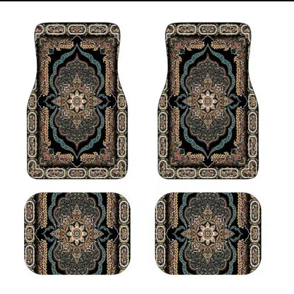 Set of four patterned car floor mats on a white background