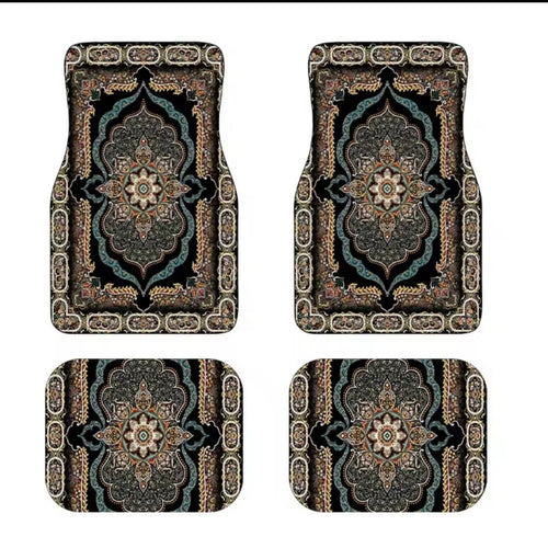 Set of four patterned car floor mats on a white background