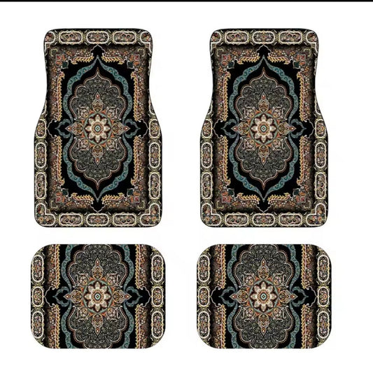 Set of four patterned car floor mats on a white background