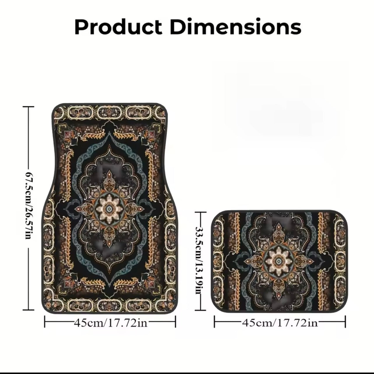 Decorative car mat set with intricate patterns and measurements on a white background