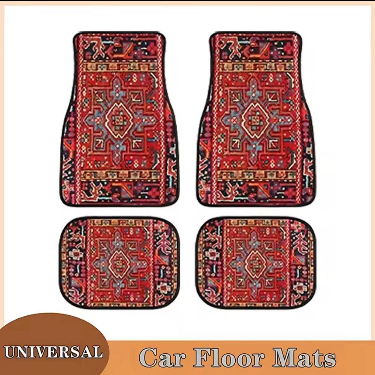 Set of four patterned car floor mats on a beige background
