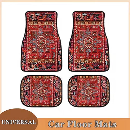 Set of four patterned car floor mats on a beige background