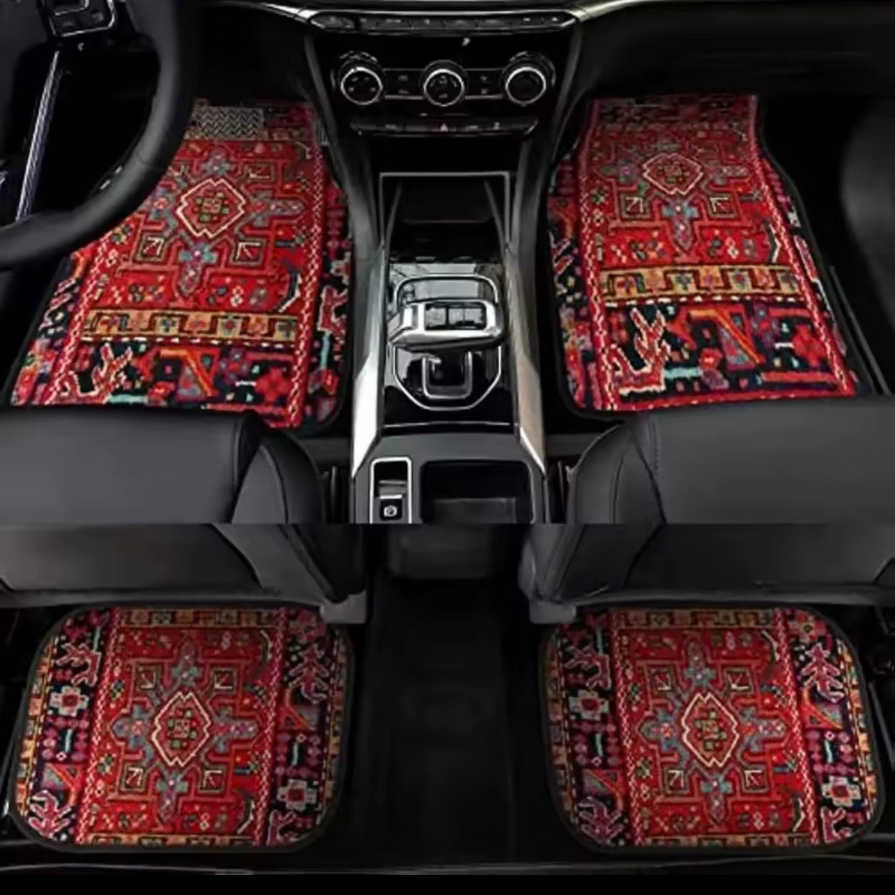 Car interior with patterned red and black floor mats on a black car floor.