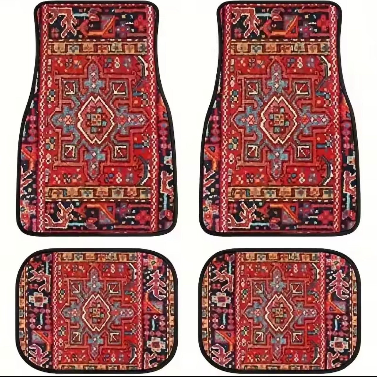 Set of four patterned car floor mats with intricate designs on a white background