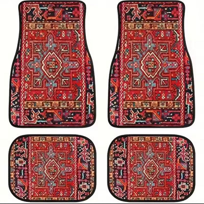 Set of four patterned car floor mats with intricate designs on a white background