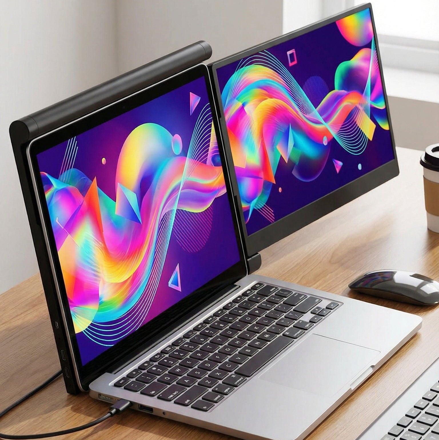 Two laptops on a desk with colorful screens, keyboard, and mouse.