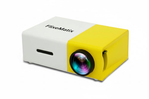 FlixeMatix portable video projector in white/yellow on a white background