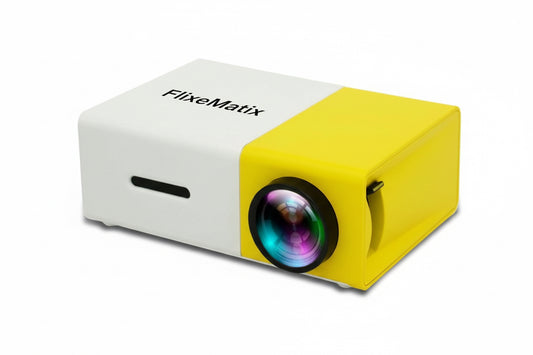 FlixeMatix portable video projector in white/yellow on a white background